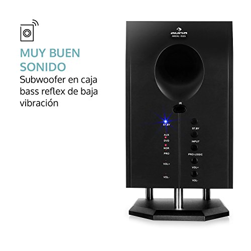 auna Areal 525 - Home Cinema 5.1 inalambrico, Sistema de Sonido Envolvente 5.1, 125 W RMS, Subwoofer Activo Mono 5,25", Bass Reflex, 5 Altavoces satélite, AUX, Apagado automático, Marrón