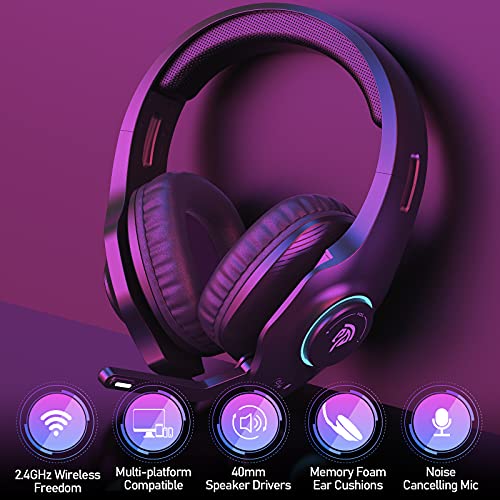 Auriculares Gaming Inalambricos PS4, PS5, EasySMX 2.4G Cascos Gaming Inalambricos 7.1 Sonidos Estéreo con 7.1 Soindos, Microfóno, RGB LED, y Control de Volumen para PS4, PS5, PC y Mac