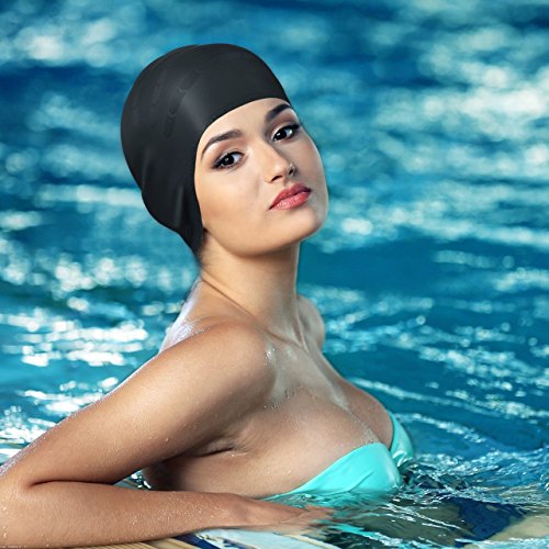 Avril Tian Gorro de natación de silicona impermeable unisex gorro de natación con cubierta para las orejas para mujeres y hombres para deportes acuáticos (negro)