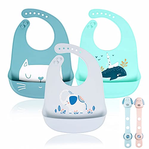 Baberos para Bebés 3 Piezas, Baberos de Alimentación de Silicona Impermeables para Niñas y Niños Pequeños Unisex, Babero Súper Suave y con un amplio bolsillo para recolector migas de alimentos