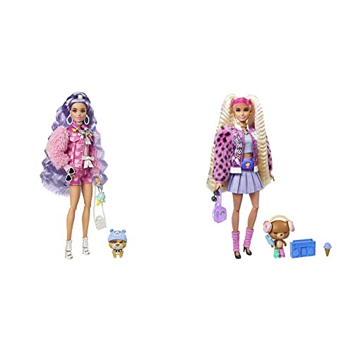 Barbie Extra Muñeca articulada con Pelo púrpura, Accesorios de Moda y Mascota(Mattel GXF08) + Extra Muñeca Rubia articulada con coletas Altas, Accesorios de Moda y Mascota (Mattel GYJ77)