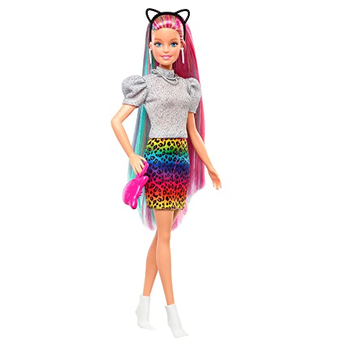 Barbie Pelo Arcoiris Muñeca rubia con falda de guepardo y accesorios de moda y para el pelo de juguete (Mattel GRN81)