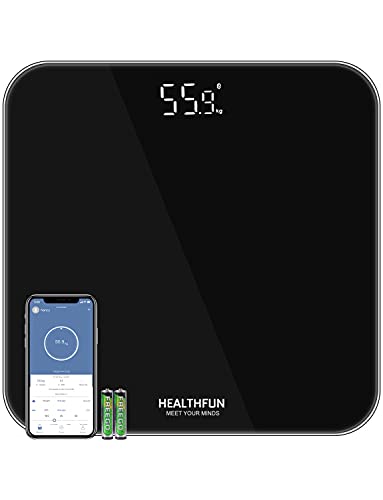 Báscula Personal BMI Báscula Corporal Báscula con Aplicación, Báscula de Baño HEALTHFUN con Pantalla LED y Tecnología Step-on, KG / LB / ST 3 Unidades Para Cambiar, Medida de 5kg a 180 kg