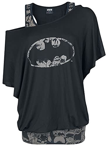 Batman Bat Signal Mujer Camiseta Negro S, 95% Viscosa, 5% elastán, Ancho