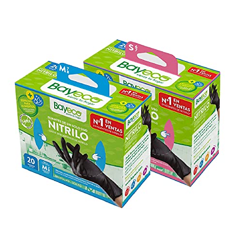 Bayeco - Guantes de un solo uso de Nitrilo - Color Negro - Ambidiestros - Dedos texturizados para mejor agarre - Terminación bordillo enrollado - Pack dispensador de 20 unidades - Talla M