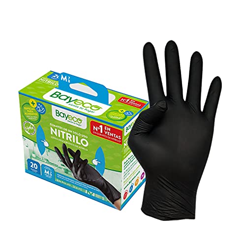 Bayeco - Guantes de un solo uso de Nitrilo - Color Negro - Ambidiestros - Dedos texturizados para mejor agarre - Terminación bordillo enrollado - Pack dispensador de 20 unidades - Talla M