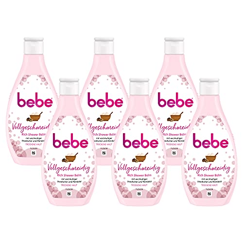 bebe Bálsamo de ducha totalmente flexible, cremoso e hidratante con manteca de karité y aceite de almendra para piel seca (6 x 250 ml)