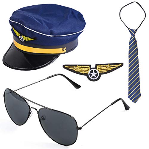 Beelittle Airline Pilot Captain Costume Kit Pilot Dress up Juego de Accesorios con Gafas de Sol de Aviador (C)