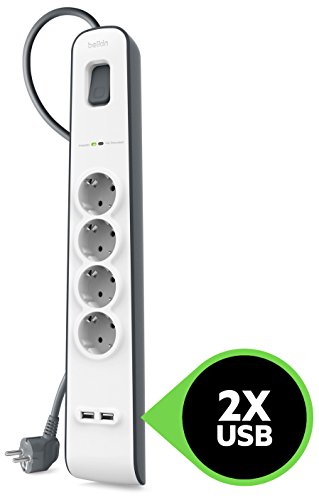 Belkin BSV401 SurgeStrip - Tira de protección contra sobretensiones de 4 vías con conexiones USB (2.4 A), blanco