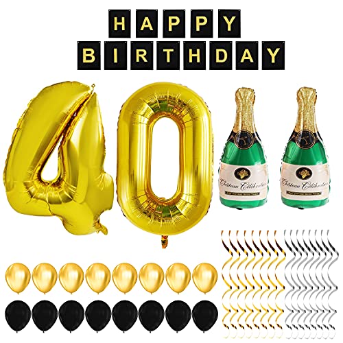Belle Vous Decoración Cumpleaños # 40 Globos Cumpleaños Fiesta – Globos de Aluminio Número 40 – Pancarta Happy Birthday Negra y Dorada Reutilizable – Botellas de Champán Inflable – Globos de Látex