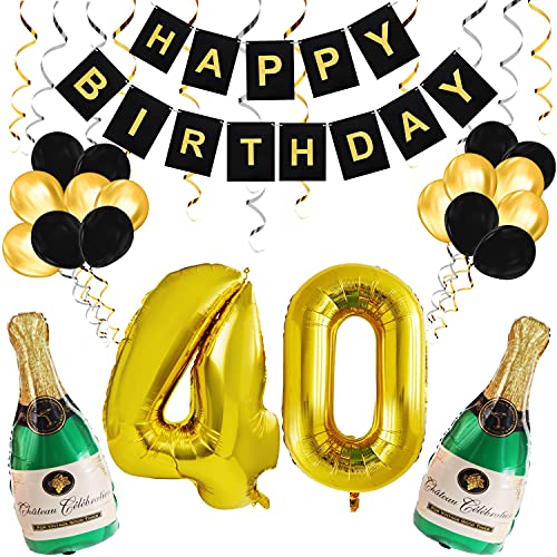 Belle Vous Decoración Cumpleaños # 40 Globos Cumpleaños Fiesta – Globos de Aluminio Número 40 – Pancarta Happy Birthday Negra y Dorada Reutilizable – Botellas de Champán Inflable – Globos de Látex