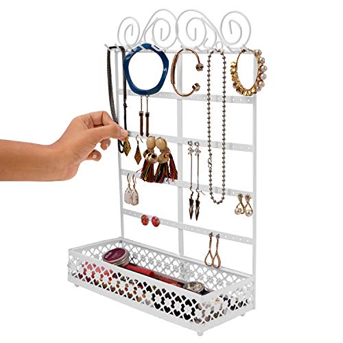 Belle Vous Joyero Blanco de Metal Organizador de Pendientes Soporte Joyas con Bandeja Base – 5 Niveles 80 Agujeros y 10 Ganchos – Soporte Pared y Mesa para Collares, Brazaletes, Anillos y Cosméticos