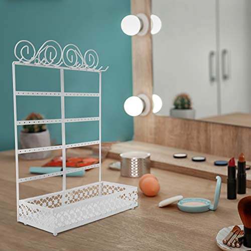 Belle Vous Joyero Blanco de Metal Organizador de Pendientes Soporte Joyas con Bandeja Base – 5 Niveles 80 Agujeros y 10 Ganchos – Soporte Pared y Mesa para Collares, Brazaletes, Anillos y Cosméticos