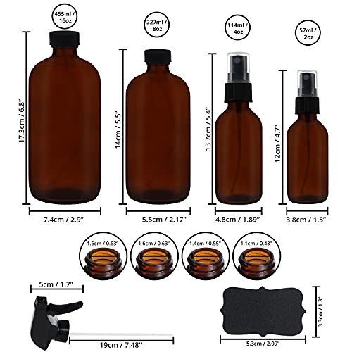 Belle Vous Set Bote Spray Pulverizador Cristal Ámbar (Pack de 8) 57 - 455 ml Variadas Botella con Rociador Vacías con Etiquetas y Tapas – Aceites Esenciales, Limpieza, Aromaterapia, Perfume