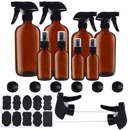 Belle Vous Set Bote Spray Pulverizador Cristal Ámbar (Pack de 8) 57 - 455 ml Variadas Botella con Rociador Vacías con Etiquetas y Tapas – Aceites Esenciales, Limpieza, Aromaterapia, Perfume