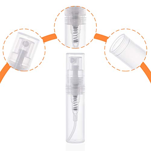 BENECREAT 80PCS 2ml Mini Botellas de Spray de Plástico Transparente Botellas Vacías Atomizador de Perfume con Pipetas de Transferencia, Embudos y Bombas Dispensadoras de Cosméticos