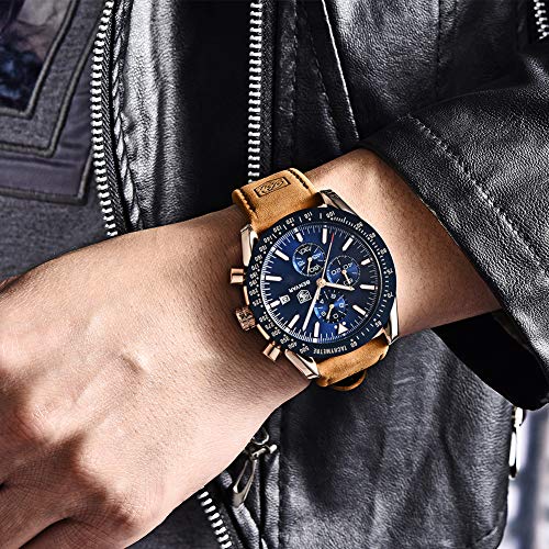 BENYAR Reloj para Hombre, Moda Casual 30M Resistente al Agua Cronógrafo Deportivo Reloj Analógico de Cuarzo para Hombre con Calendario y Correa Marrón(Azul Dorado)