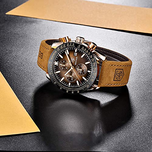 BENYAR Relojes Hombre Relojes de Pulsera Cronografo Diseñador Impermeable Reloj Hombre Banda de Cuero Analogicos Fecha de Pulsera Regalo Elegante