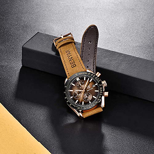 BENYAR Relojes Hombre Relojes de Pulsera Cronografo Diseñador Impermeable Reloj Hombre Banda de Cuero Analogicos Fecha de Pulsera Regalo Elegante