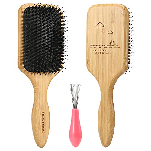 BESTOOL Cepillo de pelo de cerdas de jabalí con puntas de nailon, profesional, cepillo de remo de bambú para desenredar y quitar el pelo (pala)