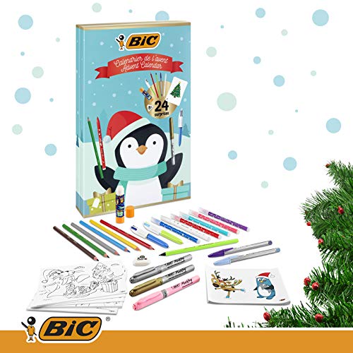 BIC Calendario Adviento, 24 artículos, 2 Cristal Fun/Lápiz Fluo/6 Ceras/6 Magic Felt/3 Marcadores/Pegamento/Goma/2 Mini 4 Colores/24 Tarjetas/20 Adhesivos