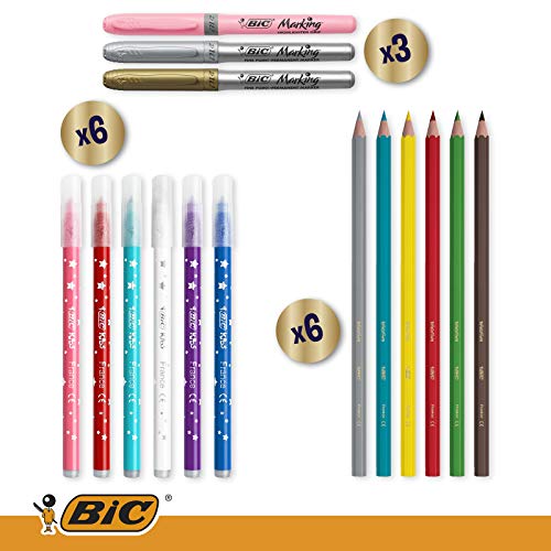 BIC Calendario Adviento, 24 artículos, 2 Cristal Fun/Lápiz Fluo/6 Ceras/6 Magic Felt/3 Marcadores/Pegamento/Goma/2 Mini 4 Colores/24 Tarjetas/20 Adhesivos