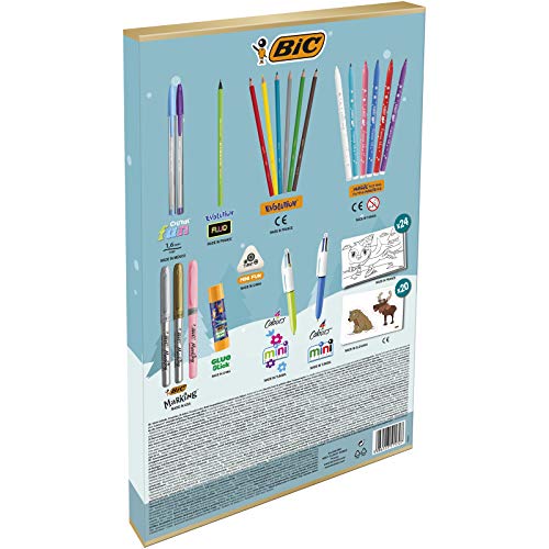 BIC Calendario Adviento, 24 artículos, 2 Cristal Fun/Lápiz Fluo/6 Ceras/6 Magic Felt/3 Marcadores/Pegamento/Goma/2 Mini 4 Colores/24 Tarjetas/20 Adhesivos