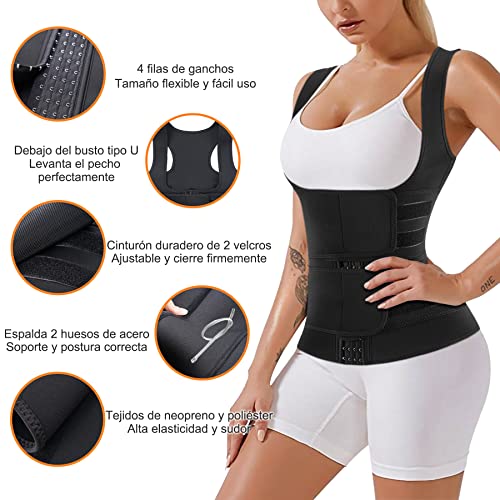 Bingrong Fajas Reductoras Abdomen Mujer para Sudar Fajas Lumbares Deportivas Sauna Chaleco Neopreno Comprecion de Doble Ajuste para Adelgazante Sudoración para Deporte Fitness (S, Negro)