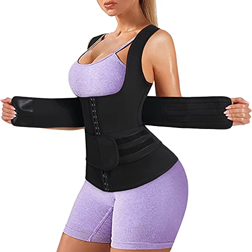 Bingrong Fajas Reductoras Abdomen Mujer para Sudar Fajas Lumbares Deportivas Sauna Chaleco Neopreno Comprecion de Doble Ajuste para Adelgazante Sudoración para Deporte Fitness (S, Negro)