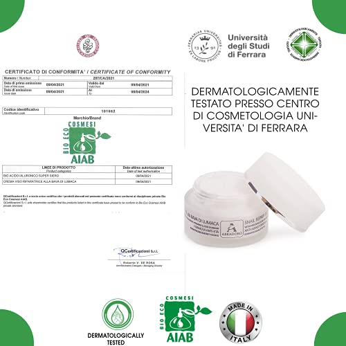 BIO baba de caracol crema facial con ácido hialurónico, colágeno, vitamina E, aceite de argán - para cara, cuello y escote antiarrugas Eficaz contra cicatrices de acné Manchas y estrías Made in Italy