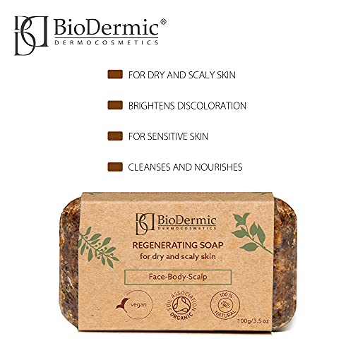 BioDermic Jabón regenerador 100% natural para pieles secas y escamosas, para rostro, cuerpo y cabeza, a base de jabón negro africano, 1 x 100 g