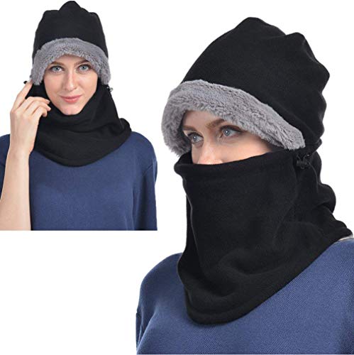 Black Winter Hats for Women Fleece Balaclava Hood Thermal Womens Balaclavas Ear Warmers Ski Face Cover Mask Neck Protective Headgear Cap Snowboard Weather Outdoor Fashion Gifts Ladies Men Warm Hat