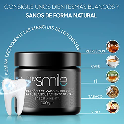 Blanqueador Dental Carbón Activado 200gr mysmile - Rico Bicarbonato de Sodio y Aceite de Menta, Carbón Activo de Coco 100% Natural y Vegano, Elimina Manchas Dentales, Polvo De Carbón Activo Dientes