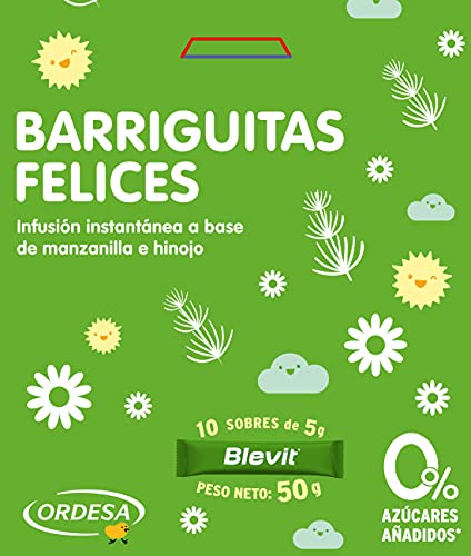 Blevit Barriguitas Felices - Infusión en Monodosis con Manzanilla e Hinojo - Sin Gluten y Sin Azúcares Añadidos - Para bebés y Niños en Edad Escolar - 10 sobres