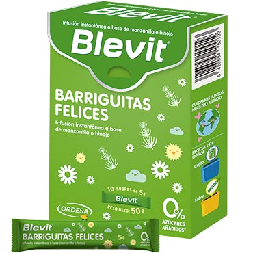 Blevit Barriguitas Felices - Infusión en Monodosis con Manzanilla e Hinojo - Sin Gluten y Sin Azúcares Añadidos - Para bebés y Niños en Edad Escolar - 10 sobres