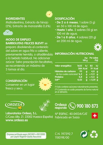 Blevit Barriguitas Felices - Infusión en Monodosis con Manzanilla e Hinojo - Sin Gluten y Sin Azúcares Añadidos - Para bebés y Niños en Edad Escolar - 10 sobres