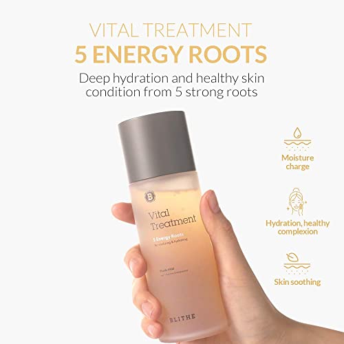 BLITHE Tratamiento Vital 5 Raíces Energéticas Tónico Facial para Pieles Sensibles y Secas, Suero Tónico Vegano con Ginseng Rojo y Aceite de Raíz de Bardana para dar energía y cuidar la piel 150 ml