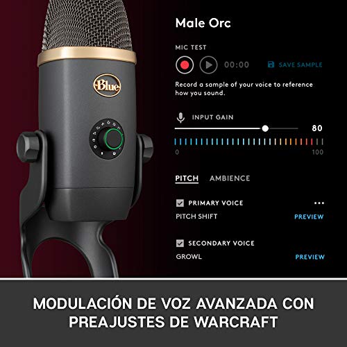 Blue Yeti X Micrófono Profesional de Condensador USB, Medición de Alta Resolución para Grabación, Streaming, Gaming, Podcasting en PC y Mac, Iluminación LED, Efectos Blue VO!CE - Gris/Oro