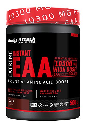 Body Attack Extreme Instant EAA Powder - 500g, extremadamente sabroso, instantáneamente soluble, vegano, 8 aminoácidos esenciales altamente dosificados - 10300mg EAA por batido, CocaCola