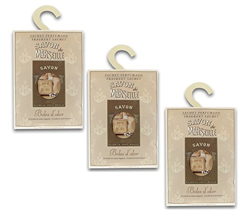 BOLES D'OLOR Pack of 3 Large Scented Sachet Savon de Marseille with Hanger, Fragrance Fresh Coconut Oil