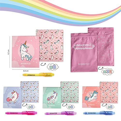 BONNYCO Bolígrafo Tinta Invisible y Libreta Unicornio Pack x32 Detalles Cumpleaños Niños, Regalos Cumpleaños Niños Colegio, Piñatas de Cumpleaños | Regalos Fiesta Cumpleaños Infantil