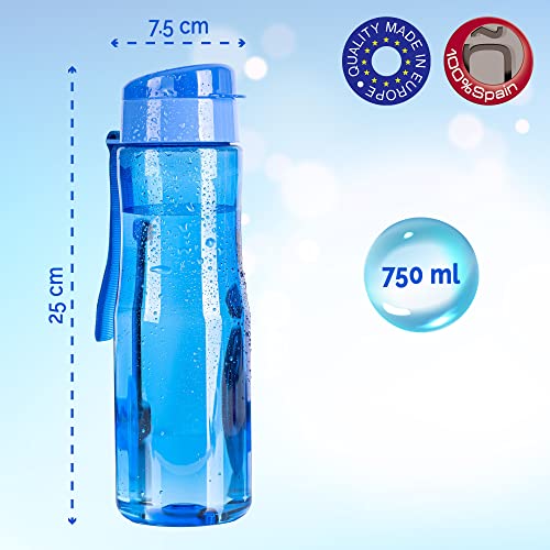 Botella de Agua deportiva. Botella Gimnasio sin BPA 750 ml Botella Agua Niños reutilizable Botella gym para correr Botella Tritan Ecológica Botella plastico duro. Bidon Deporte Estanco Azul