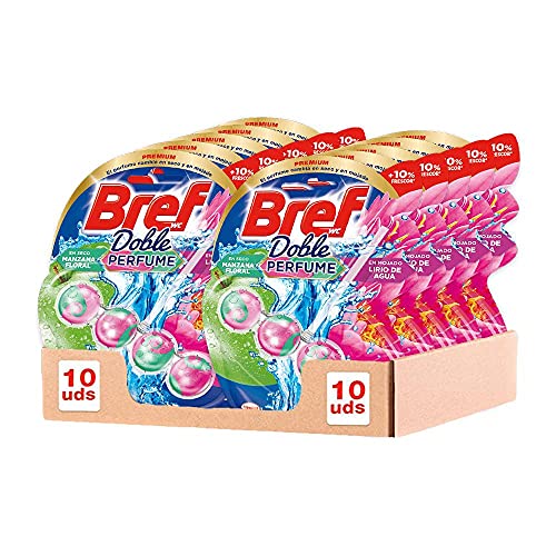 Bref Doble Perfume Manzana Floral y Lirio de Agua Cesta WC (pack de 10 unidades), limpia baño para un WC siempre limpio y fresco, limpiador de baños con fórmula antical que elimina la suciedad