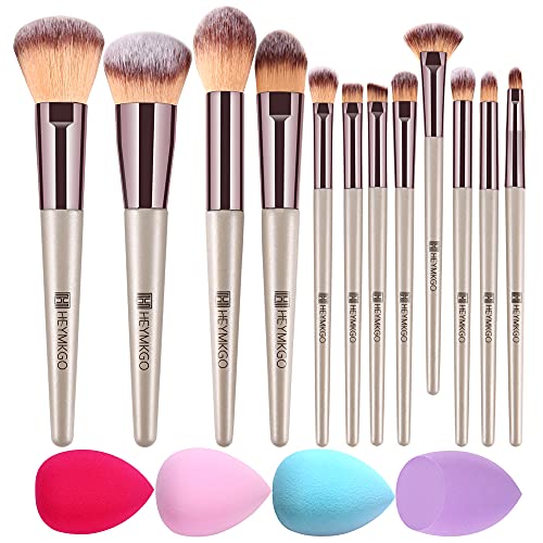 Brochas de maquillaje HEYMKGO 12PCS + 4 Esponjas de maquillaje Champagne Gold Juegos de brochas de maquillaje profesional Brocha de base Polvo de rubor Juego de brochas de maquillaje de ojos