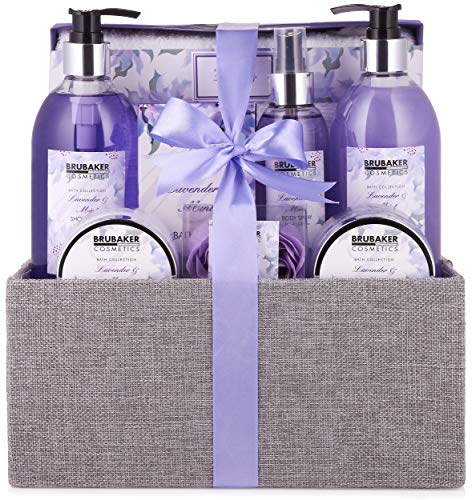 BRUBAKER Cosmetics Set de Baño y Ducha "Lavender & Mint" - Fragancia de Lavanda - Kit de Regalo para Mujer de 12 piezas en caja de Yute Decorativa - Wellness Beauty Spa