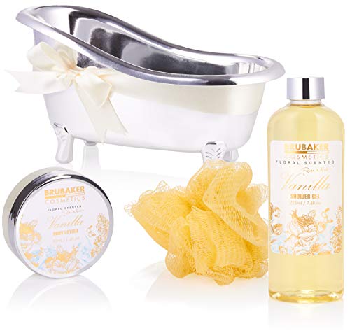 BRUBAKER Cosmetics Set de baño y ducha vainilla - set de regalo de 7 piezas en una bañera decorativa