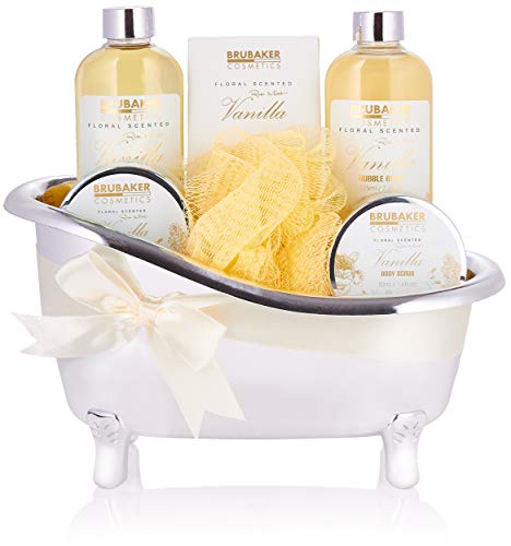 BRUBAKER Cosmetics Set de baño y ducha vainilla - set de regalo de 7 piezas en una bañera decorativa