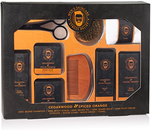 BRUBAKER Kit de 9 Piezas para el Cuidado de la Barba y la Cara con Champú, Aceite, Bálsamo, Cepillo, Crema para la Cara, Pelar, Peine, Tijeras, Guante para Lavar - Regalos para Hombres