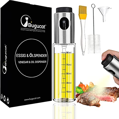 Bugucat Pulverizador Aceite,Spray Aceite Cocina para Freidora de Aire 100ML Aceitera y Vinagre Vaporizador Aceitera Cristal,Premium Acero Inoxidable Botella para Cocinar,Ensalada,Hornear Pan,BBQ