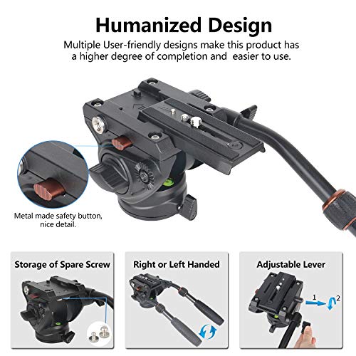 Cabezal de Fluido, trípode de cámara de Video Cayer H4 Cabezal de Arrastre de Fluido para cámara Canon Nikon Sony Olympus Panasonic DSLR, con Tornillo de Montaje de 3/8"y 1/4", manija de 2 Secciones
